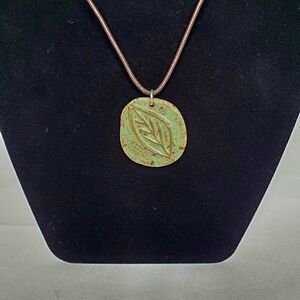 Vintage Artisan Ceramic Leaf Pattern Necklace with Brown Leather Cord